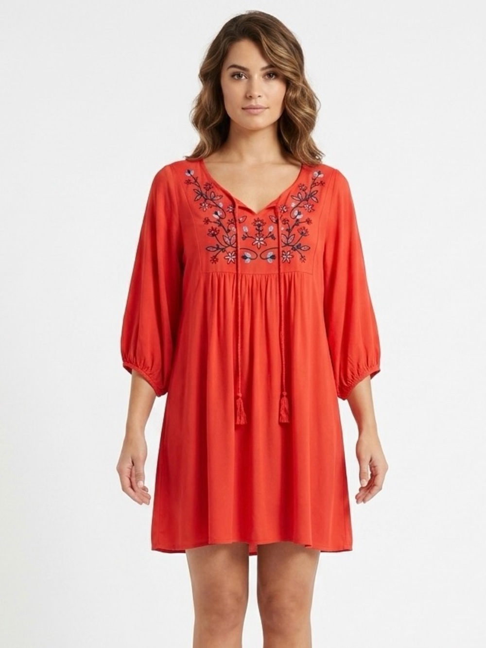 Elegant Red Embroidered Long Sleeve Dress